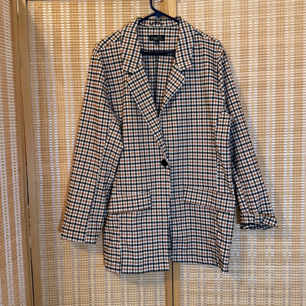 rue21 Womens XL Plaid Longline Blazer Brown Black One Button Jacket Y2K Street